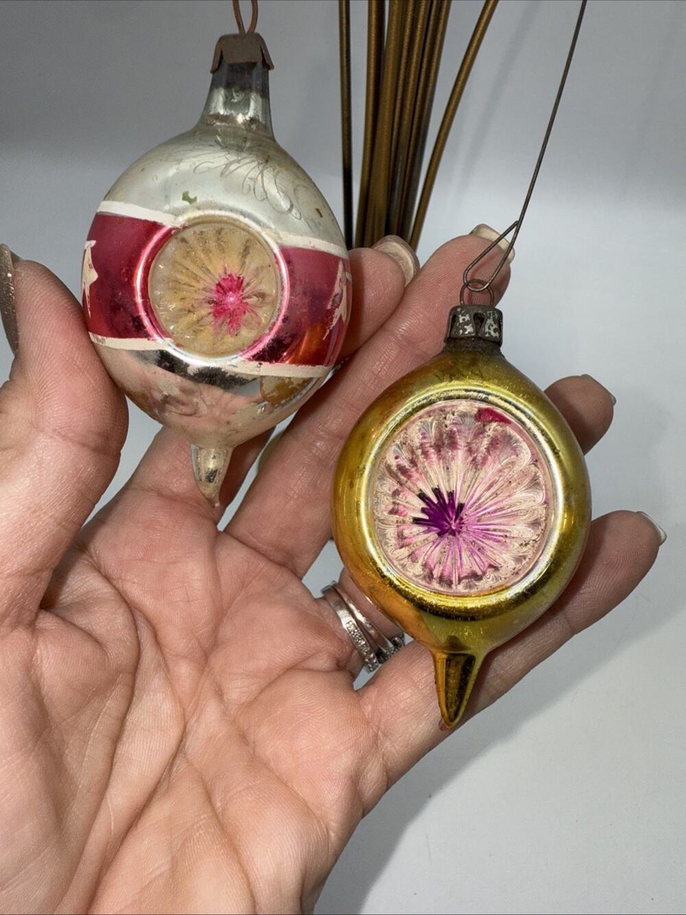 2 Vtg Poland Tear Drop Christmas Ornaments 1 Double Indented & Single Indent